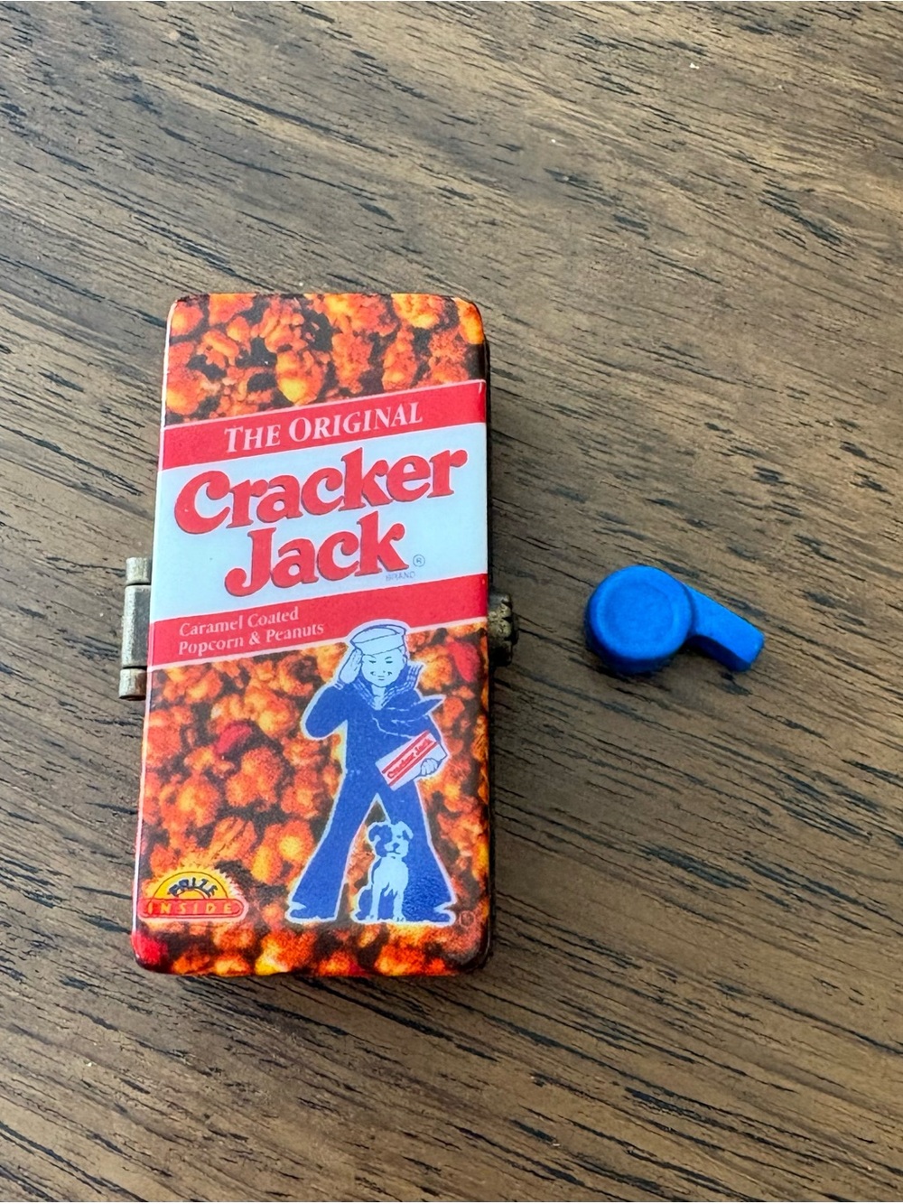 Ceramic Hinged Cracker Jack Box with a Whistle inside for the Prize